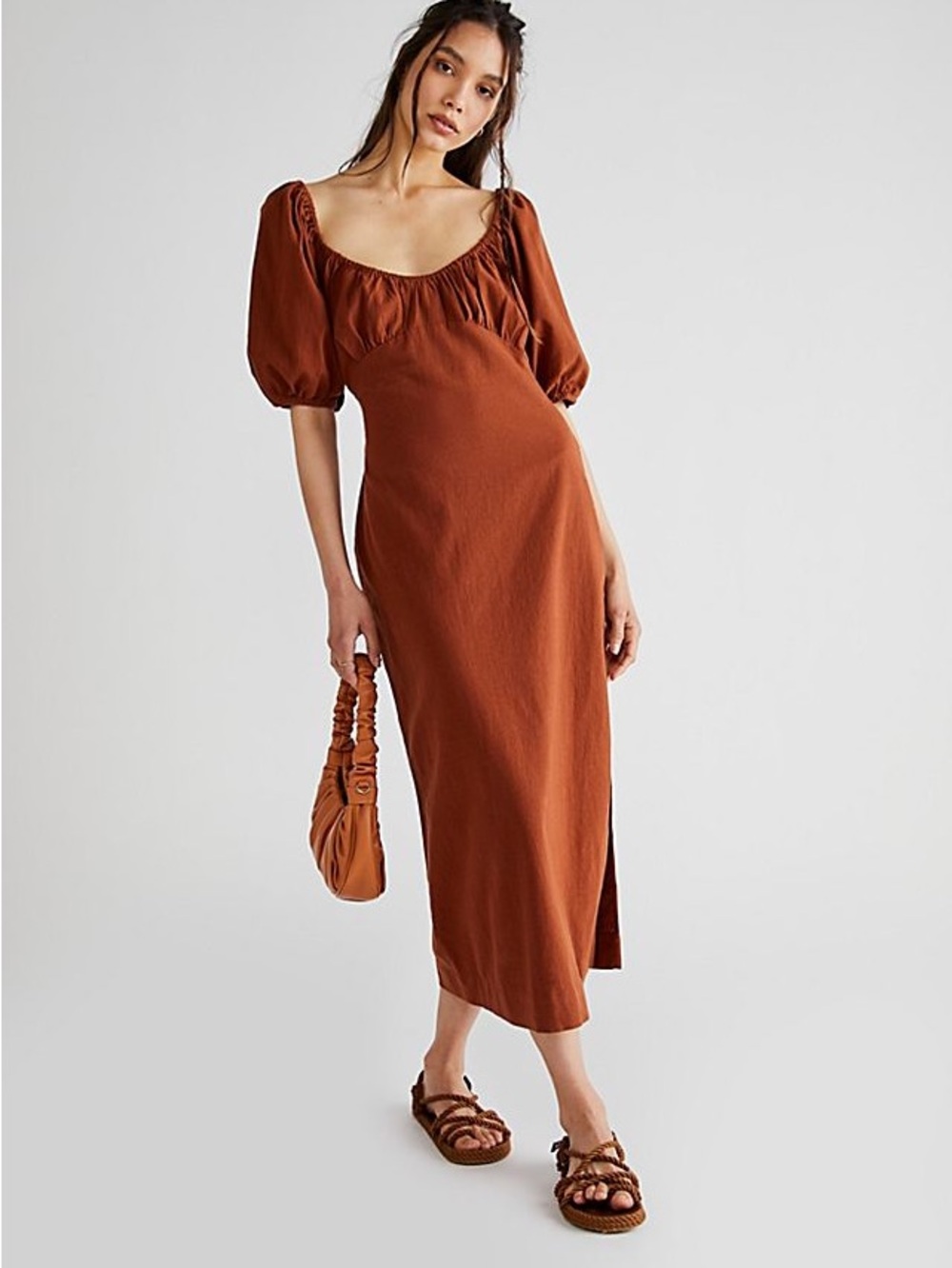 Free People Rust Puff-Sleeve Midi Dress